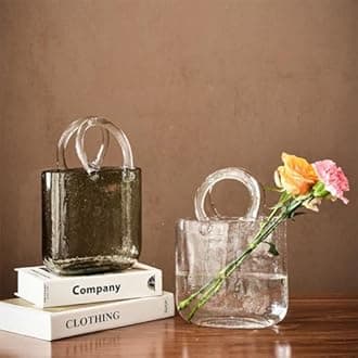 Glass Vase with Elegant Purse Design, Hand Purse Vase with Fish Bowl, Unique Flower Vase with Handle and Bubbles - for Home Decor/Office/Garden/Wedding Decor/Enterpiece/Events