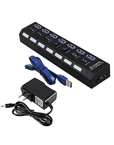 Multi Port 7-Port USB 3.0 Data Hub Super Speed Multiple Devices with Power Adapter,Switches,LED Power Indicator,1.75ft USB 3.0 Data Cable for PC Laptop Computer
