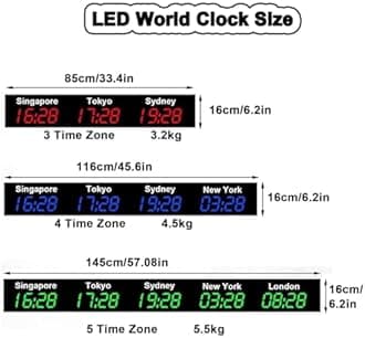 Wall Mounted World Clock, 3/4/5 City Time Zone LED Digital World Time Wall Clock Indoor Multi Time Zone World Wall Clock for Multinational Enterprises/Office/Home/Living Room/School,Blue-3City