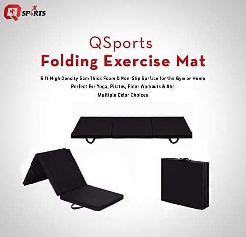 Q Sports Tri Folding Exercise Mat 6 Ft High Density 5cm Thick Foam & Non Slip Surface For The Gym Or Home Perfect For Yoga Pilates Floor Workouts & Abs Black Color
