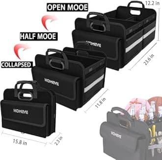 Homeve Trunk Organizer for Car, Collapsible Storage Box, Car Storage Organizer, 3 Compartment, Multi Pockets, Non Slip Strips, Adjustable Securing Straps, Black