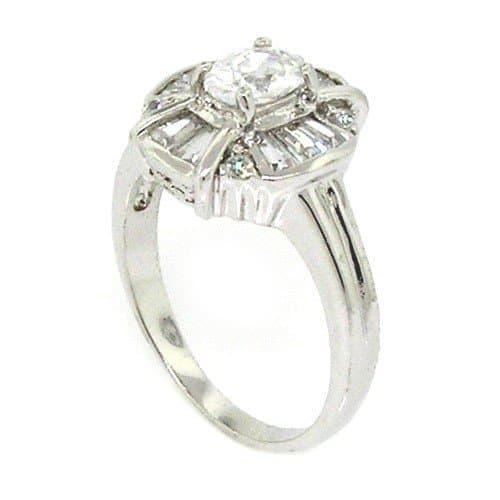 Alljoy Sterling Silver Classic Flower Cluster Engagement Ring w/Oval White CZ