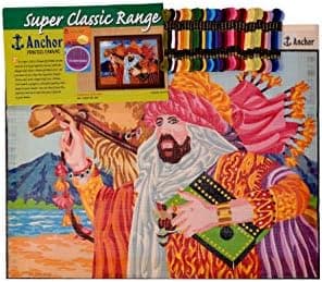 PRANSUNITA Anchor Printed Canvas for Embroidery Big Size 60 X 80 cm with 105 Anchor Threads & Needle with Design & Color Scheme Printed On it (Arabian Design)