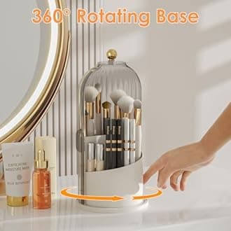 Makeup Brush Holder with Lid 360 Rotating Clear Dustproof Make Up Organizers for Vanity Bathroom Countertop, Gray