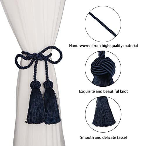 BEL AVENIR 2 Pack Curtain Handmade Tiebacks Decorative Curtain Holdbacks with Tassel (Navy, 2 Pack)