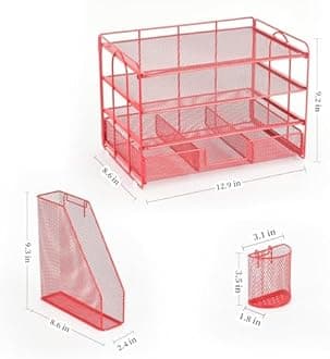 gianotter Paper Letter Tray Organizer with File Holder, 4-Tier Desk Accessories & Workspace Organizers with Drawer and 2 Pen Holder, Desk Organizers and Accessories for Office Supplies (Red)