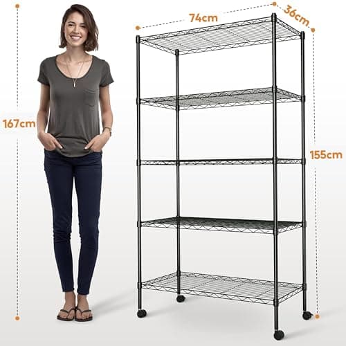 Simple Deluxe 5-Shelf Wire Shelving Unit,Metal Shelf Organizer with Wheels,Heavy Duty Standing Storage Shelf for Bathroom,or Other Commercial Use,DIY Free,MAX Load 565kg,76Dx36Wx146Hcm, Black