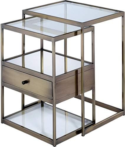 HomeRoots 2 Pieces Nesting Table in Clear Glass and Antique Brass - Glass, Metal Clear Glass and Antique Brass
