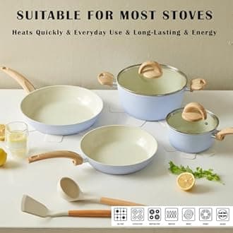 Vkoocy Blue Non Stick Pots and Pans Set, Healthy Ceramic Cookware Set, 12pcs Kitchen Cooking Pots and Frying Sauce Saute Pans Set, PFAS-Free with Kitchen Utensils and Lid