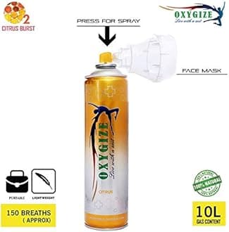 Oxygize Portable Citrus Flavour Oxygen Can Cylinder Canister With Inbuilt Mask Protect For Air Pollution, Quick Recovery, Boosting Immune System, Easy To Carry (Each Can 10Ltr, & 150 Breaths Approx.) Pack-12