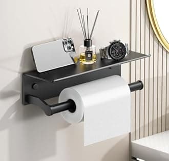 Black Paper Towel Holder Wall Mount with Shelf for Bathroom, Matte Black Adhesive Hand Towel Holder for Bathroom Kitchen RV