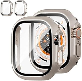 JZK 2 Pack Case with Tempered Glass Screen Protector for Apple Watch Ultra 3 (2025) Ultra 2/Ultra 49mm,Slim Guard Bumper Full Coverage Hard PC Protective Cover Thin Case for iWatch 49mm,Starlight