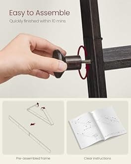 VASAGLE Blanket Ladder for Living Room, 5-Tier Wooden Ladder Shelf, Decorative Farmhouse Blanket Rack with Synthetic Leather Bag, Metal Hooks, Side Hooks, for Bedroom, Ink Black ULLS022B01