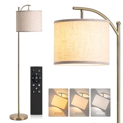 addlon Floor Lamp for Living Room with Remote, Dimmable Standing lamp with Linen lampshade for Bedroom, Office, Lamps with 9W LED Bulb Included - Brass Gold with Beige Shade