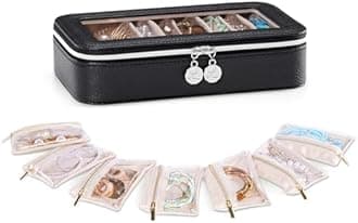 Lolalet 8 in 1 Travel Jewelry Case with Velvet Pouches, Clear Window Travel Jewelry Organizer Bags for Earrings, Bracelets, Necklaces and Rings, Compact Jewelry Storage for Women Girls- Black, 7PCS