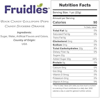 Fruidles Rock Candy Lollipops Pops Candy Suckers, Color and Flavor Assortment, Individually Wrapped, 6.5" (Orange, Pack of 12)