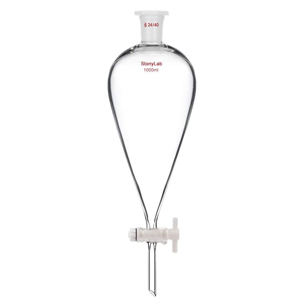 StonyLab Borosilicate Glass 1000ml Heavy Wall Conical Separatory Funnel with 24/40 Joints and PTFE Stopcock, 1L (1 Liter)
