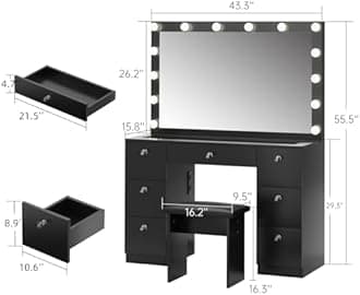 VOWNER Vanity with Lighted Mirror - Makeup Vanity Desk with Glass Top, 7 Drawers and Power Outlet, 3 Color Lighting Modes Adjustable Brightness, 44" Vanity Table with Stool for Women Girls, Black
