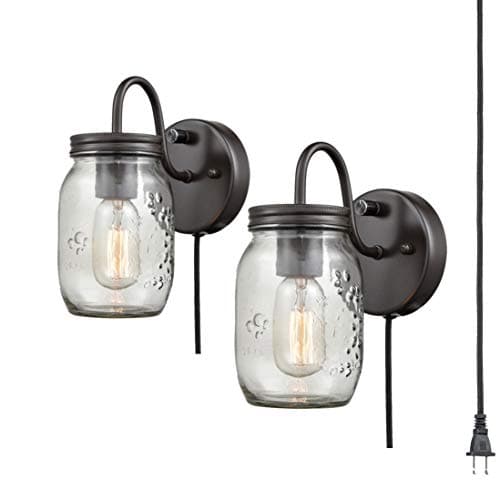 EUL Vintage Mason Jar Light Fixture Clear Glass 2-Pack Wall Sconces Oil Rubbed Bronze, Plug-in