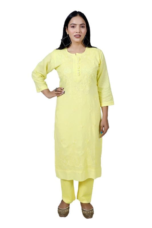 A M Chikankari Women's Dobby Cotton with Lycra Blend Slim Fit Straight with Side Slits Chikankari Hand Embroidered 3/4th Sleeve Kurta/Kurti with Pant for Women and Girl