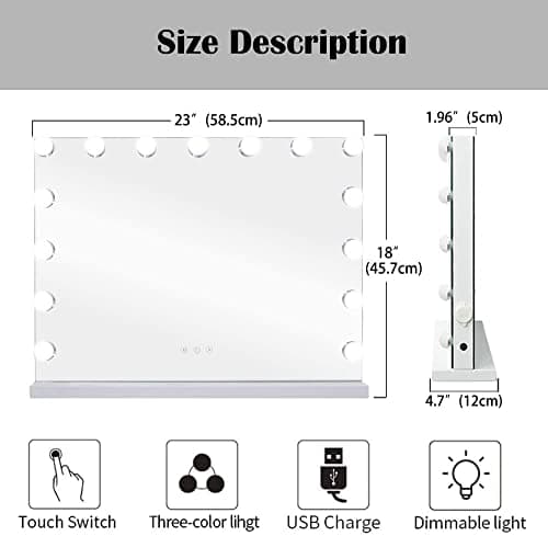 FenHome 22.8"x 18.1" Vanity Mirror Makeup Mirror with Lights,10X Large Hollywood Lighted Vanity Mirror with 15 Dimmable LED Bulbs,3 Color Modes,Touch Control for Bedroom,Tabletop or Wall-Mounted