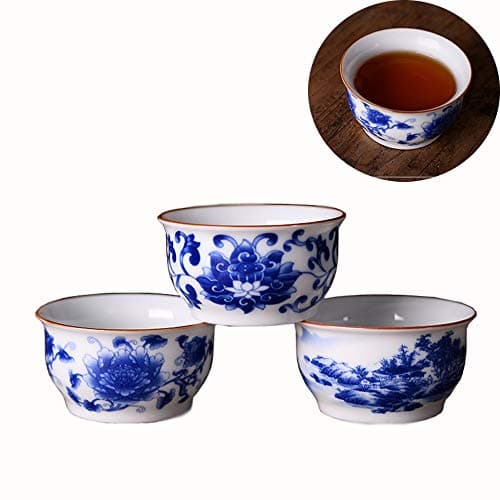 Chinese Handmade Kungfu Tea Cup 60 ml,Bone China Blue and White Tea Cups Set of 3,Ceramic Tea Mugs Without Handles,Best Gift