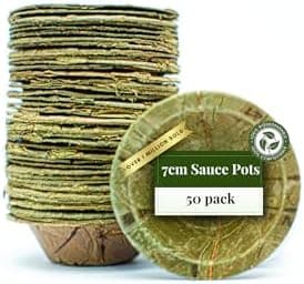 Tapari Disposable Sauce Ramekins - 50 Pack Mini Sauce Pots - 7cm Diameter - Made from Sturdy & Eco-Friendly Sal Leaves - 100% Compostable & Biodegradable Disposable Leaf Soufflé pots - 30ml, Green