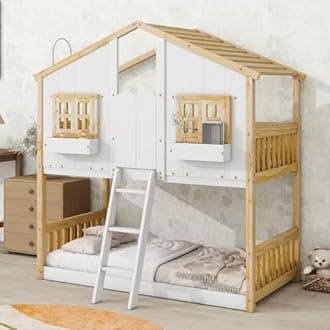 MERITLINE House Shape Bunk Bed Twin Over Twin Kids Bunk Beds with Roof, Window, Window Box & Door, Twin Size Bunk Bed Frame with Ladder for Kids Boys Girls Teens (Natural+White)