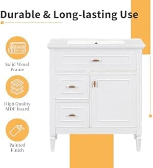 Harper & Bright Designs 30" Bathroom Vanity with Sink, Free Standing Vanity Set with Tip-Out Drawer, 2 Drawers, and Adjustable Shelf, Wood Bathroom Cabinet with Ceramic Basin for Bathroom, White