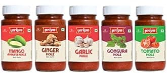 Priya Pickles Combo of 5 Pickle With Garlic 300g Each -Mango,Ginger, Garlic,Gongura, Tomato I Total 1500gm