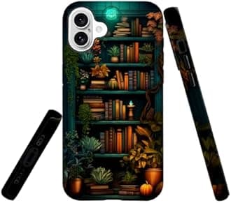Case Compatible with iPhone 16,Hybrid 2-Layer Hard Shell,Shockproof Soft for Girl Women,Bookshelf Book Plant