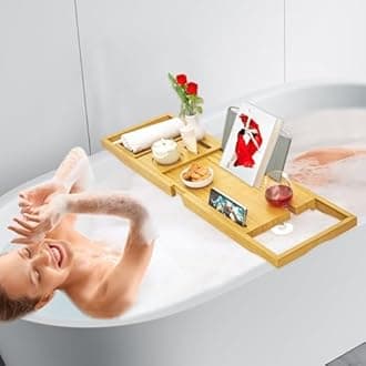 Banlilu Premium Natural Bamboo Expandable Bathtub Tray Caddy, Luxury Spa-Like Experience, Adjustable, Sturdy, Non-Slip, Foldable