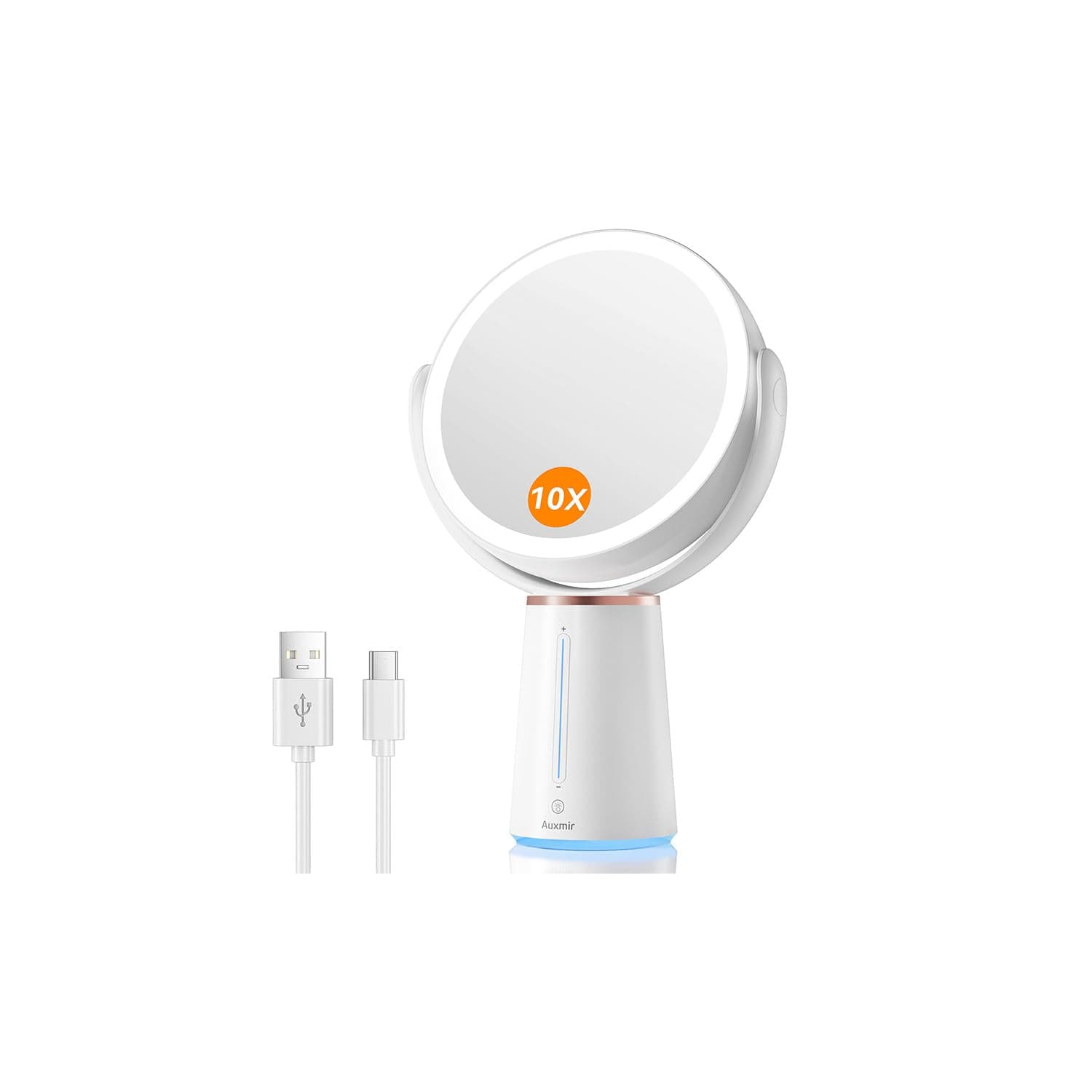 Makeup Mirror with Lights, 7.5'' Double-sided 10X/1X Magnifying Mirror, 2500mAh USB Rechargeable Mirrors with 52 LED lights and 10 Brightness, 360° Rotating Vanity Mirror for Bedroom, Bathroom