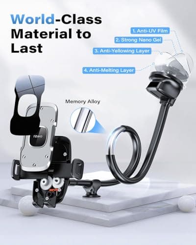 1Zero Solid Car Truck Phone Mount Holder with 14-Inch Gooseneck Long Arm, Windshield Window Mobile Holders w/Industrial-Strength Suction Cup, Anti-Shake Stabilizer Compatible All Cell Phones iPhone