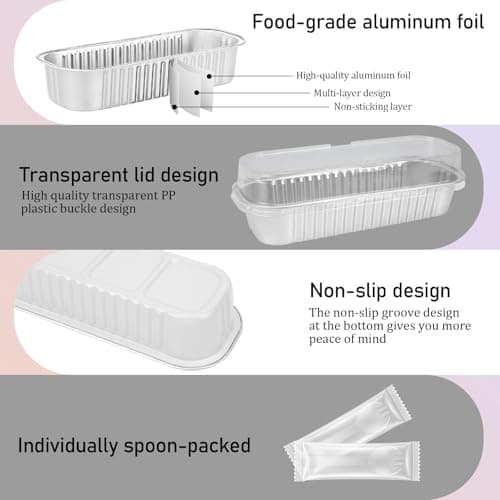 OcePor 100 Pack Mini Loaf Pans With Lids，Mini Cake Pans With Lids and Spoons，6.8oz Bread Loaf Pans Disposable，Small Aluminum Cake Tins,Baking Pans Individual (White)