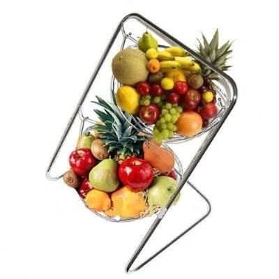 2 Tier Stainless Steel Chromed Double Hammock Hanging Fruit Bowl Vegetable Basket with Stand