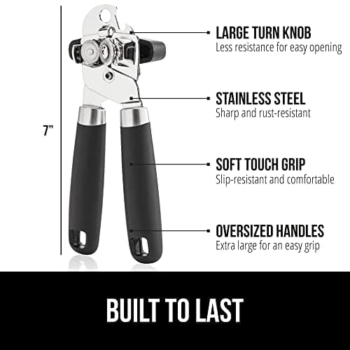 Gorilla Grip Manual Handheld Strong Can Opener, Sharp Cutting Wheel for Smooth Edge Cut, Comfortable Soft Handle, Oversized Easy to Use Turn Knob, Includes Built in Bottle Opener, Black