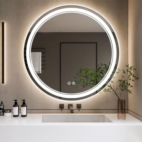 Gralia 24" Round LED Bathroom Vanity Mirrors with Lights Smart Wall Mounted Circle Makeup Mirror with Anti-Fog Touch Button 3 Colors Dimmable Brightness and Memory Function
