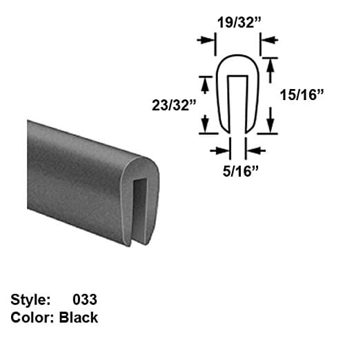 Neoprene Rubber U-Channel Push-On Trim, Style 033 - Ht. 15/16" x Wd. 19/32" - Black - 25 ft long