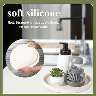 Silicone Bathroom Tray Round Vanity Tray Decorative Soap Holder Kitchen Countertop Organizer Coffee Table Decor for Candle, Perfume, Plant, 9 Inch, Beige