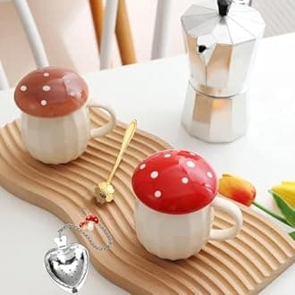 Kawaii Cute Mushroom Mug Tea Cup Set Mushroom Stuff for Milk Glass Coffee Tea Cup Mug With Lid Gifts for Girl Women Birthday Christmas Home Decor (Brown)