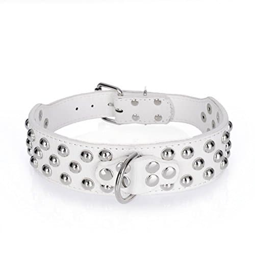 Rachel Pet Products 3 Rows Silver Rivets Studded Genuine Leather Dog Collars for Medium/Large Dogs, White, L