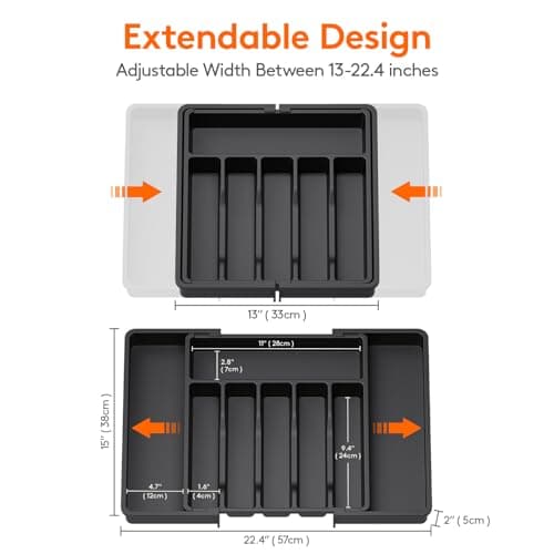 Lifewit Extendable Cutlery Drawer Organiser, Adjustable Cutlery Tray, Plastic Adjustable Kitchen Storage Dividers for Utensil Spoons Forks Knives, 8 Compartments, 33-57 x 38cm, Black