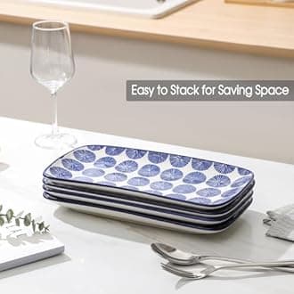 Selamica Ceramic Serving Plates, 14" Serving Trays for Entertainment Parties, Large Rectangular Plates for Appetizers, Cold Meats, Desserts, Fruits, Gift, Set of 4, Vintage Blue