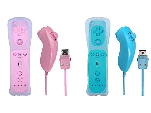 Poglen 2 Packs Wireless Gesture Controller and Nunchuck Jostick Compatible for wii/wii u Console - with Silicone Case and Wrist Strap for wii Controller (Pink and Blue)