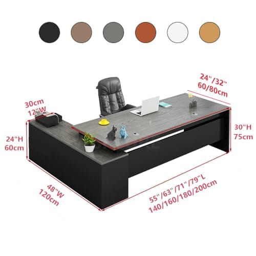 Modern L-Shape Office Desk with Wood Base, Executive Desk Boss Table, Computer Desk Home Office Furniture with Drawers and Storage Shelves (Gray, 63" L×24" W / 160×60cm)