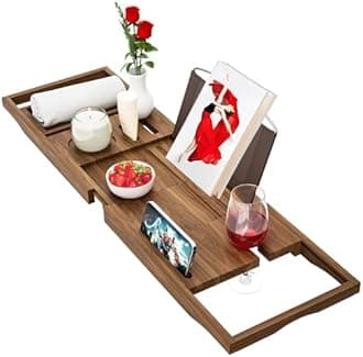 Premium Teak Bath Tray Caddy, Expandable Wooden Bath Trays for Across The Bath, Luxury Bathtub & Bathroom Accessories, Great House Warming, Anniversary & Wedding and Birthday Gifts
