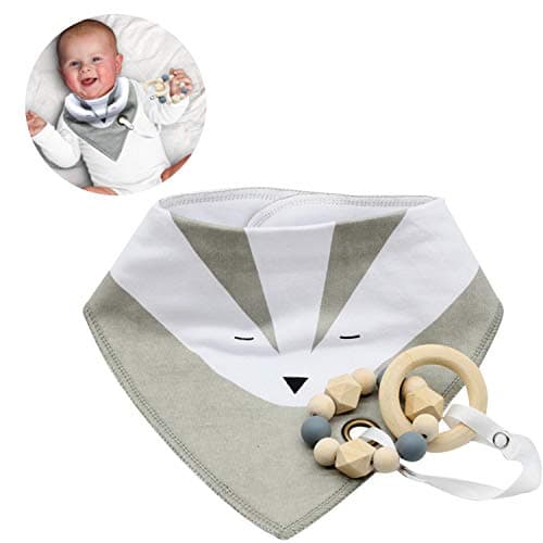 Baby Bandana Drool Bib with Silicone Bead Teether & Leash - 2 pc Set Bib & Teether - Adjustable Snaps | Super Absorbent Cotton, Great Baby Shower Gift by The Hamptons Baby