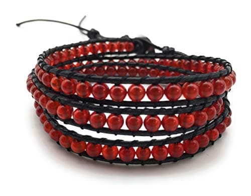 Handmade Alloy Leather Natural Stone Bead Statement Bracelet Bangle Cuff Rope 3 Wrap Adjustable Jewelry Collection