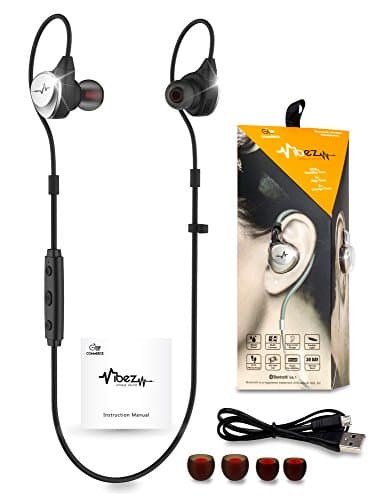 VIBEZ Bluetooth 4.1 Adjustable Wireless Headphones in Over Ear Buds Headset Noise Cancelling Earbuds with HD Stereo Built-in Audio Mic Ultra Secure Fit IPX5 Sweatproof Earphones for Sports & Running